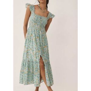 Anthropologie | NWT | Peregrine Square Neck Midi Dress | Green Floral | Sz L
